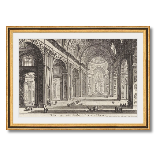 Basilica di S. Pietro in Vaticano, from Vedute di Roma Framed - Aged Gold over Black 1 inch frame, Off-White Mat - 18 by 12 inches artwork