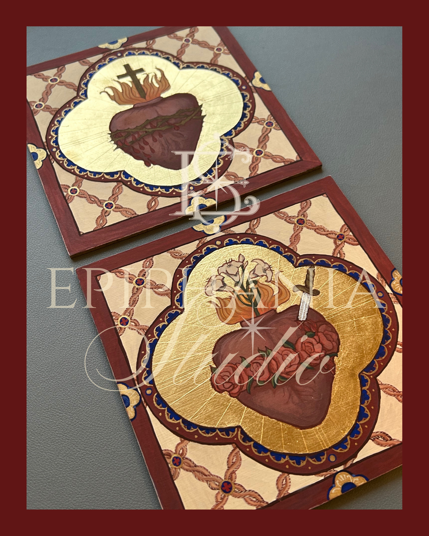 Pair of two fine art paintings in egg tempera and composite gold leaf featuring the sacred heart. of Jesus and Immaculate Heart of Mary in an intricate design. With watermark over image.