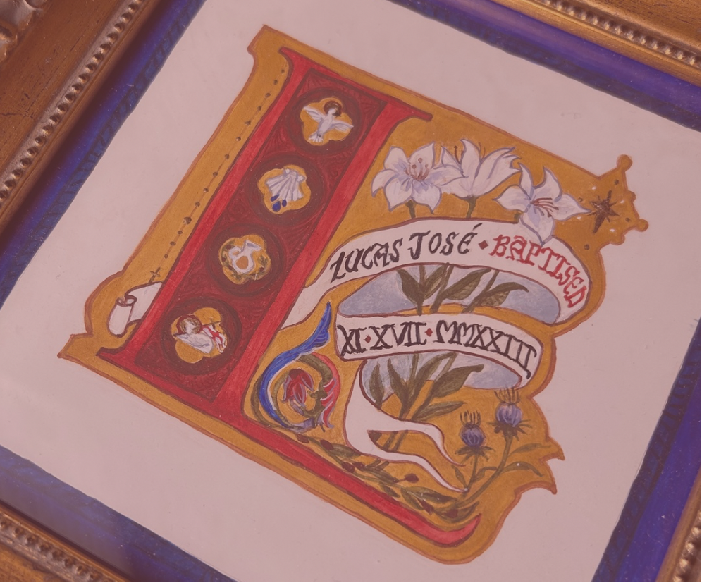 Decorative personalized artwork with text and floral elements in a gold frame