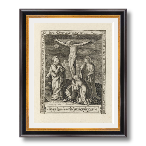 The Crucifixion, from the series Passio, Mors, et Resurrectio, Dn. Nostri Iesu Christi - Framed - Traditional Black and Gold 1.25 inch Frame, Off-White Double Mat - 11 by 14 inches