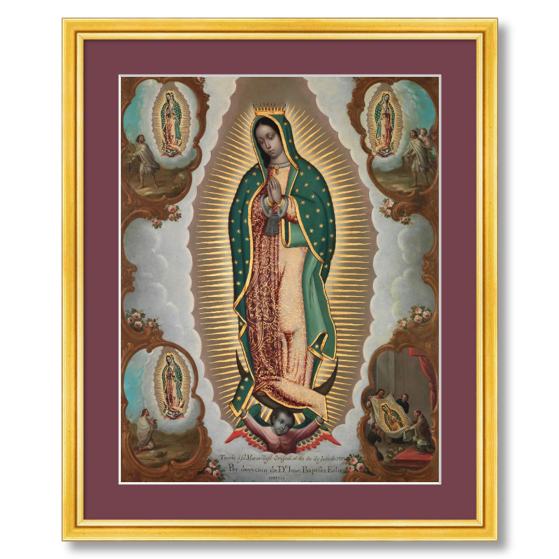 
                  
                    The Virgin of Guadalupe with the Four Apparitions Framed - Traditional Gold 0.75 inch frame, Loganberry Mat - 11 by 14 inches artwork
                  
                